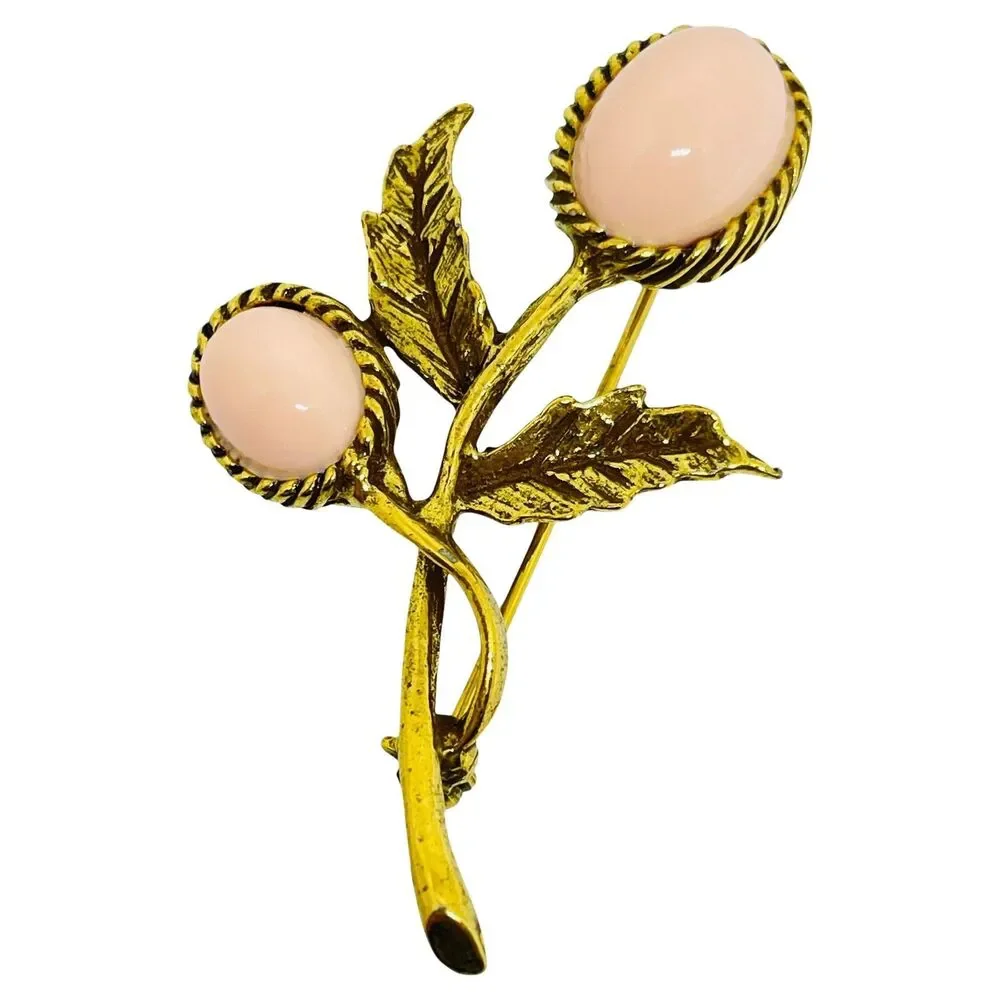 Vintage gold tone faux angel skin pink coral cabs flower pin brooch